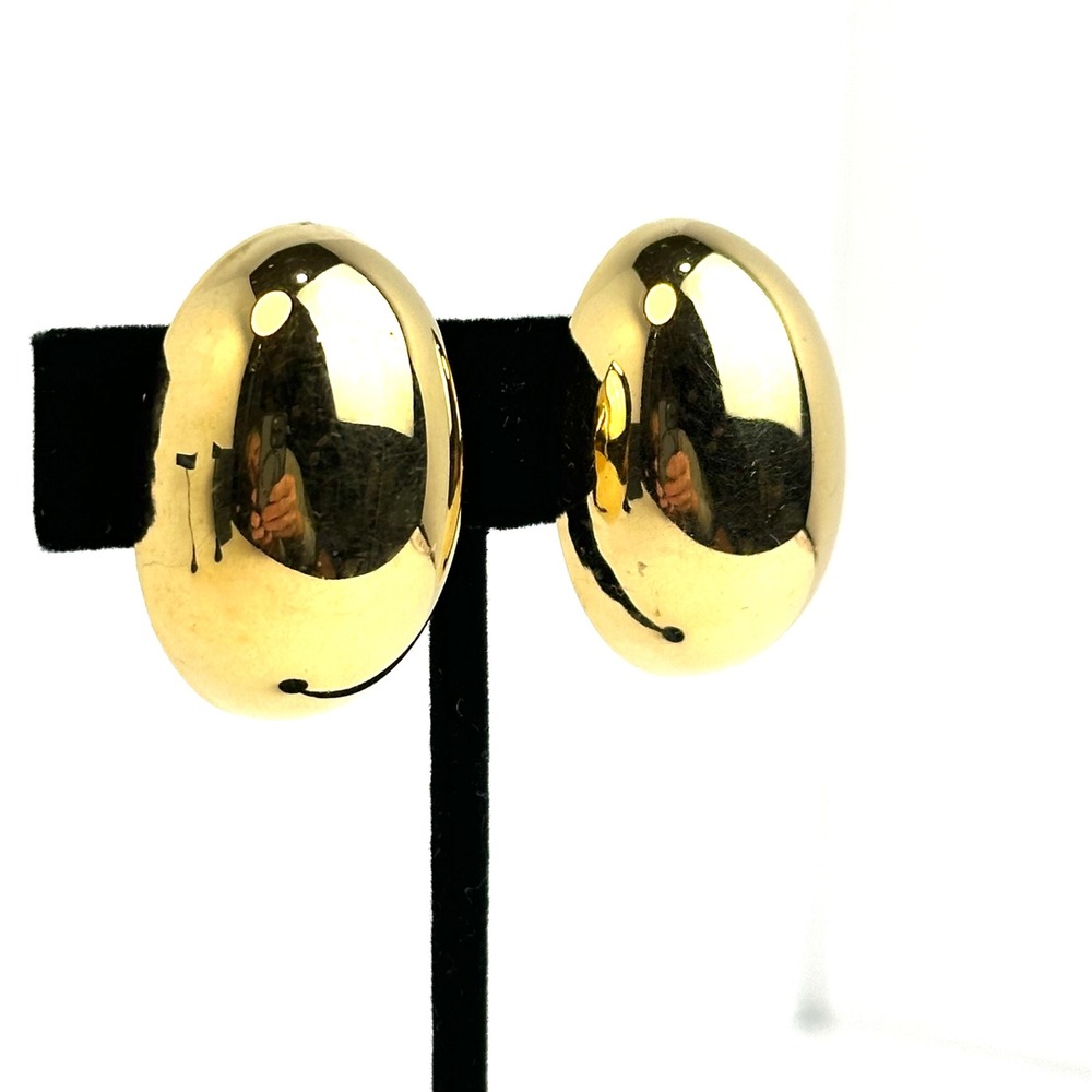 Vintage Gold Tone Chunky Domed Oval Clip On Statement Earrings Retro High Shine